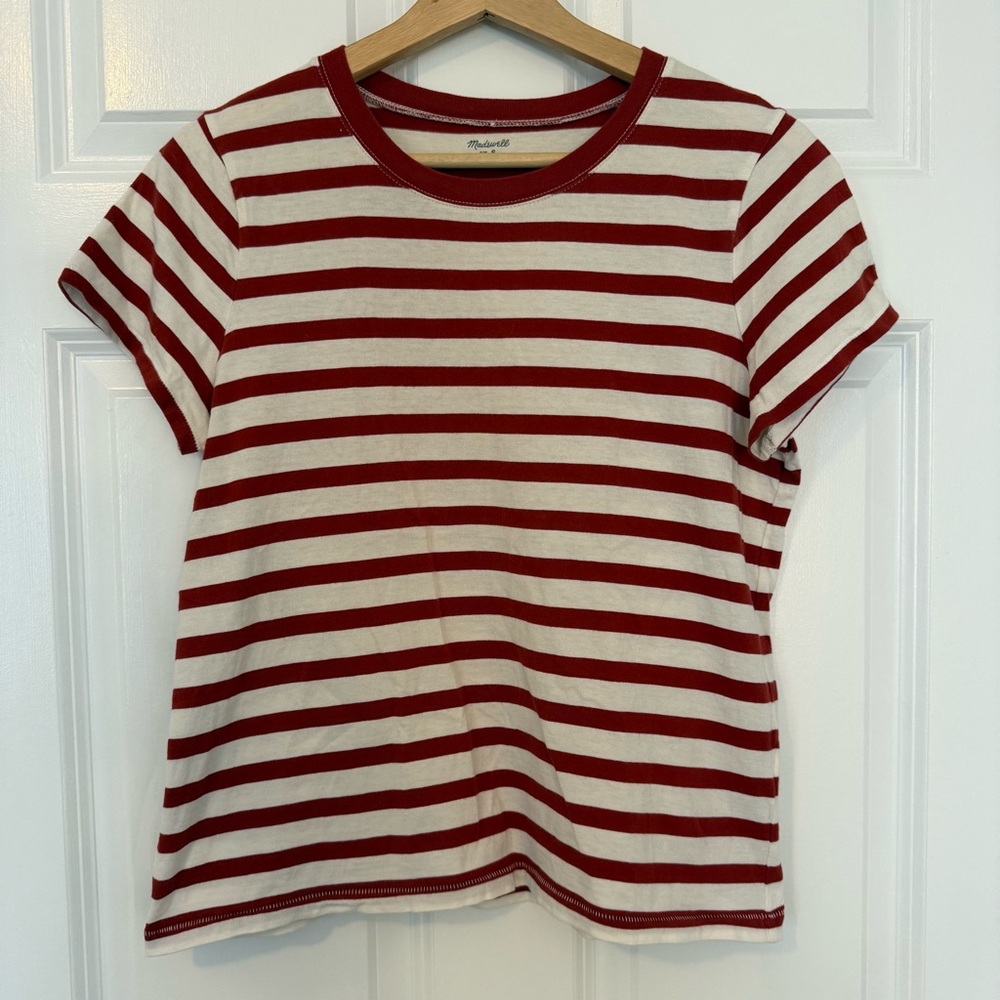 Madewell Red & White Striped Short-Sleeve Cotton Crewneck Tee - Size Small